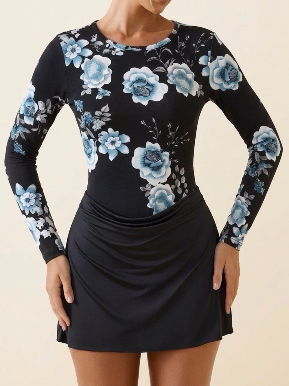 Black Floral Full Long Sleeve Shirt with Blue & White Flowers Size Small Soft